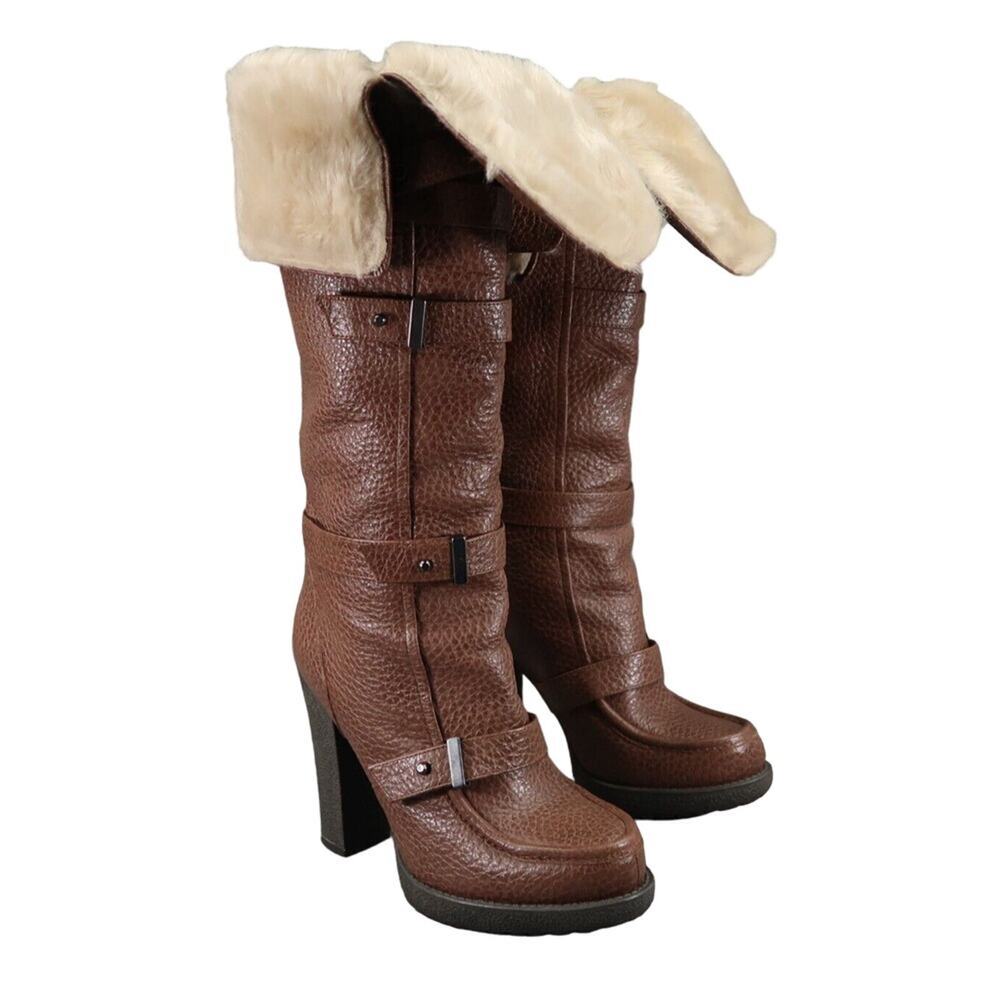 Luxury Rebel Shoes Womens 37 Boots Penelope Knee High Heel Leather Fold Over Fur